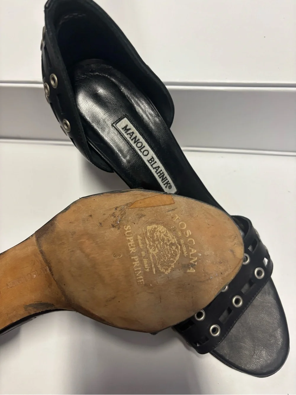 Manolo Blahnik Black Leather Open-Toe Grommet Heels